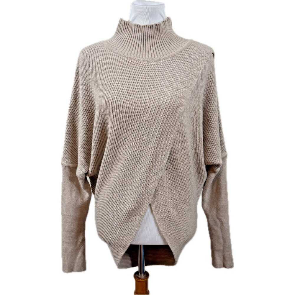 Elan Keegan Sweater Beige L Large Crossover Front Mock Neck Ribbed Thumbholes - Picture 2 of 7